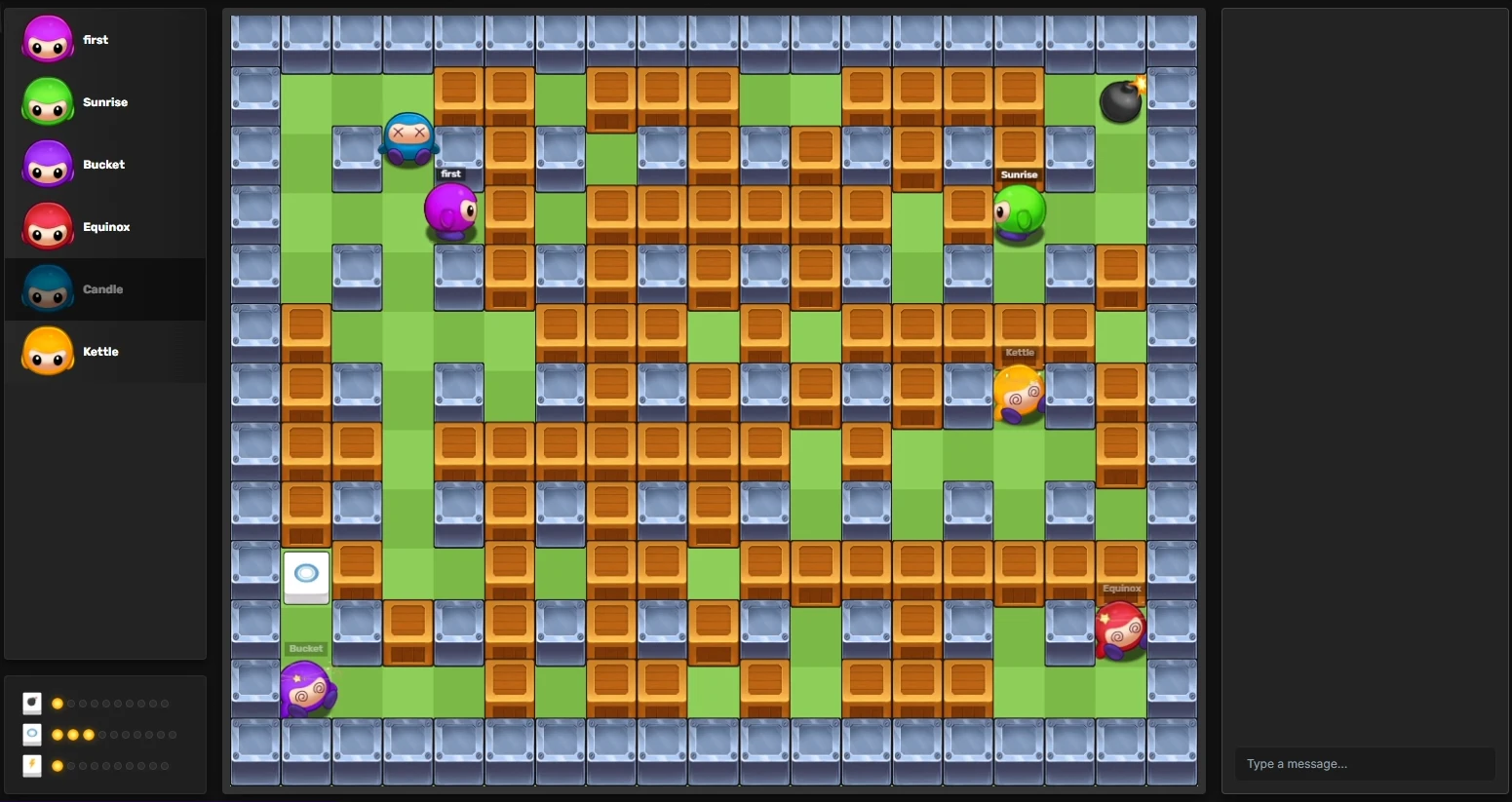 A Bomb Frenzy match in progress, with players moving through the maze of crates and walls