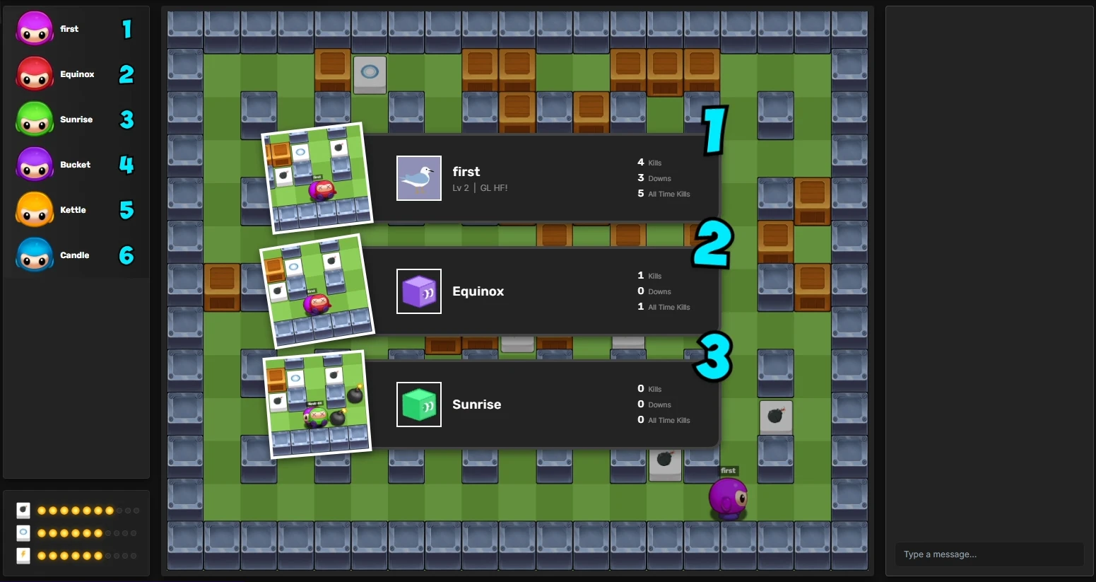 Bomb Frenzy results ranking players by kills and downs