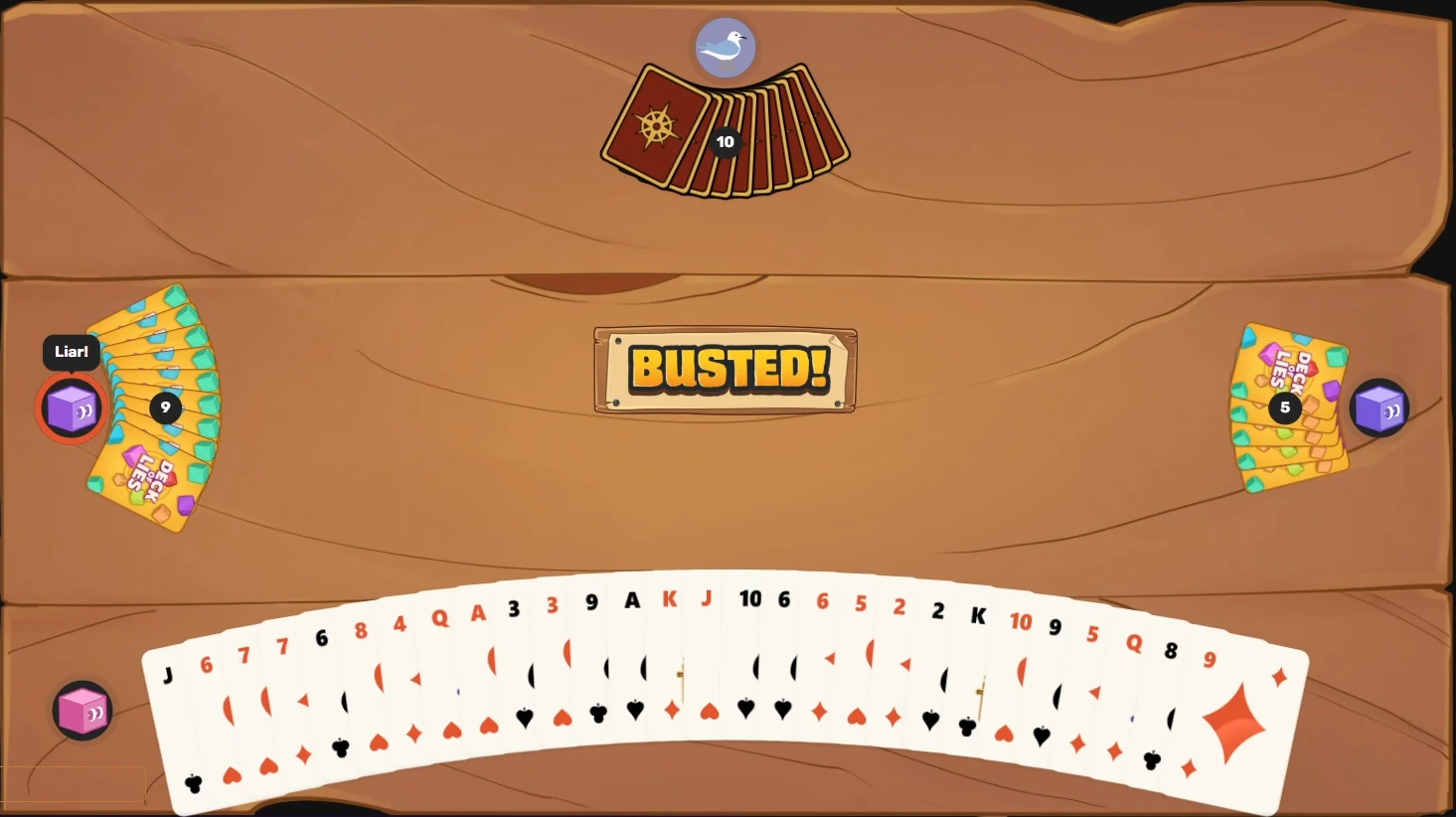 A bluff caught in Deck of Lies, with BUSTED! in the middle of the table