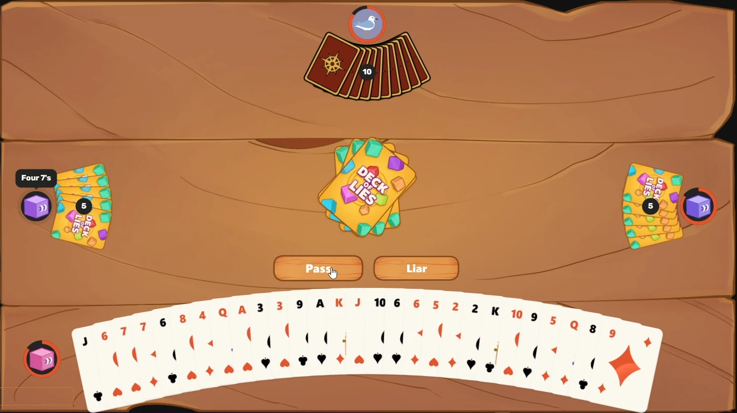 A Deck of Lies turn: players declare "Four 7's" and "Four 8's" while you choose Pass or Liar
