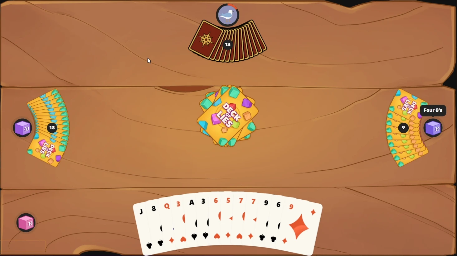 A Deck of Lies table with every player's hand and the face-down pile in the middle