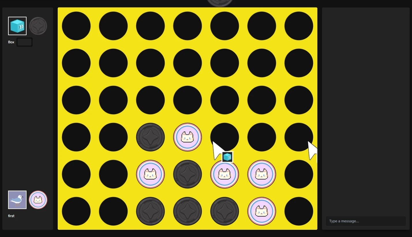 Four Block mid-game, with both players' pieces on the board and their live cursors