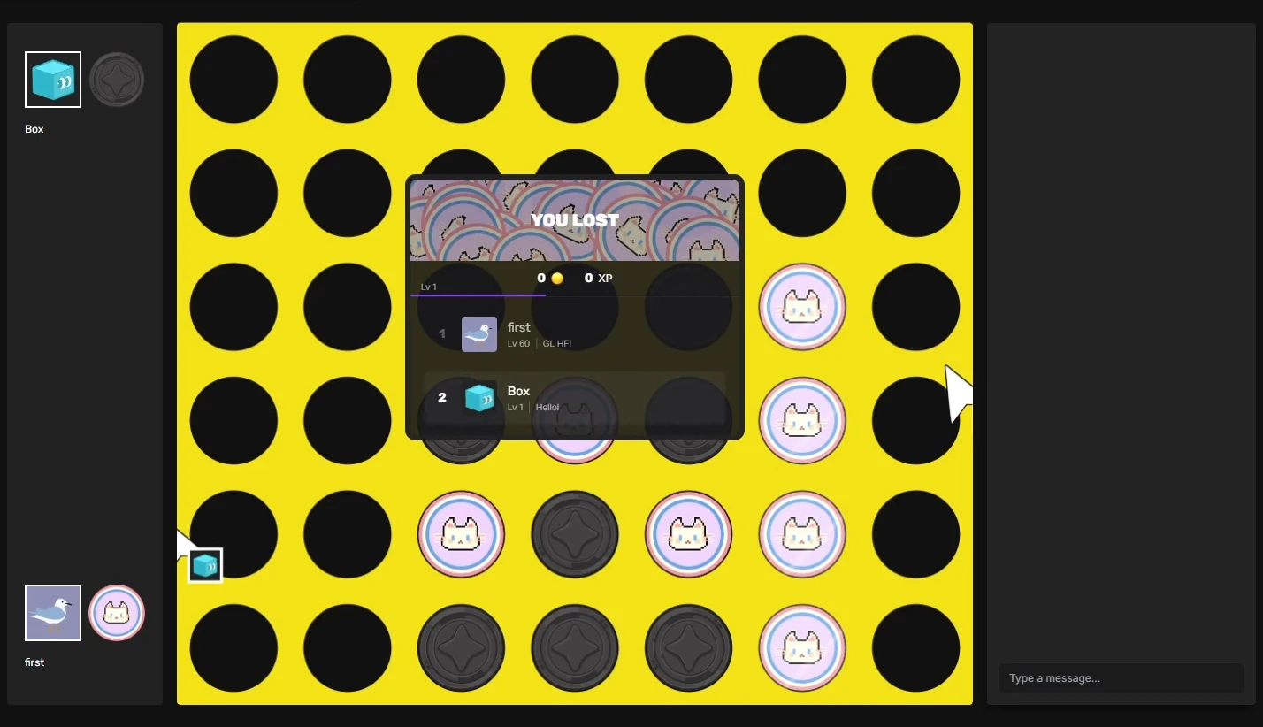 The Four Block result screen after a loss, ranking both players