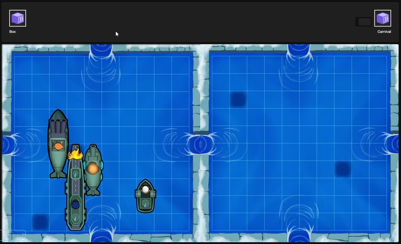 A Grid Warfare battle with both players' grids side by side