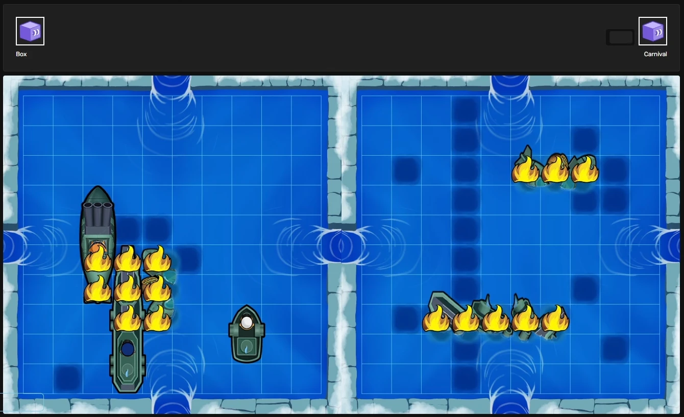 Grid Warfare mid-battle, with burning hits on both fleets