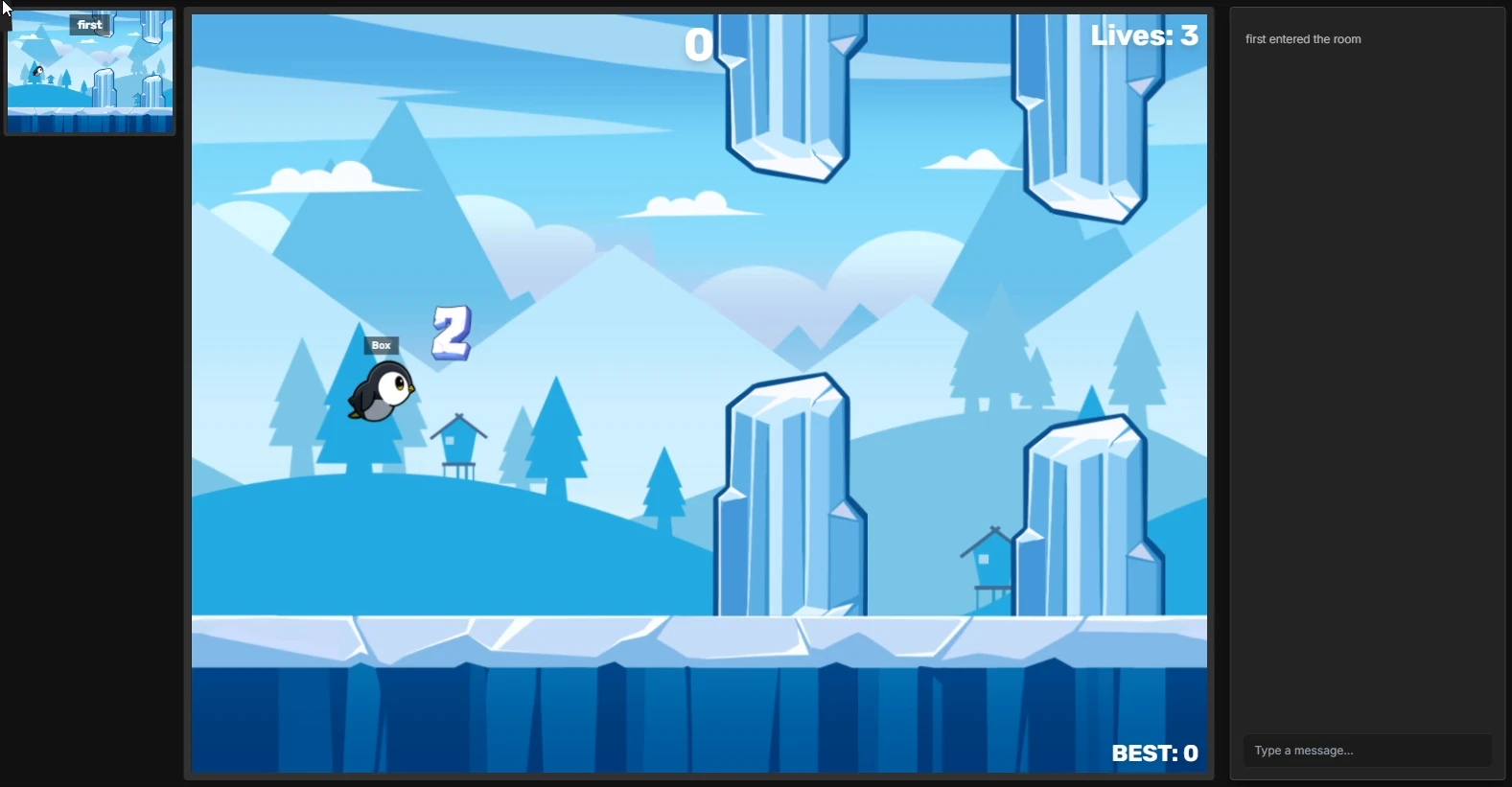 A penguin flapping between the ice pillars in Penguin Dash