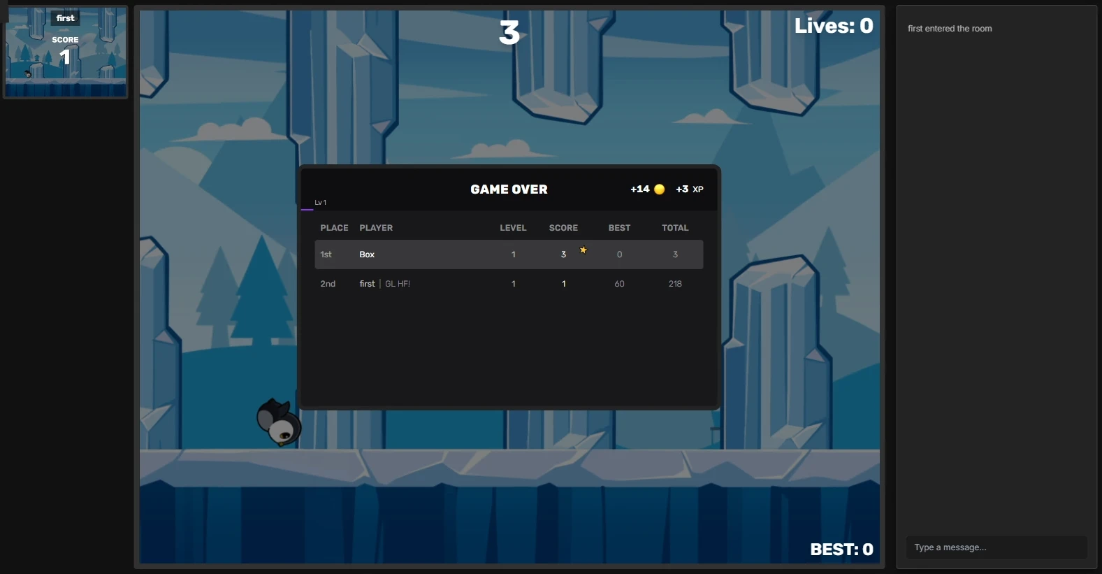 Penguin Dash game over screen with scores, coins and XP