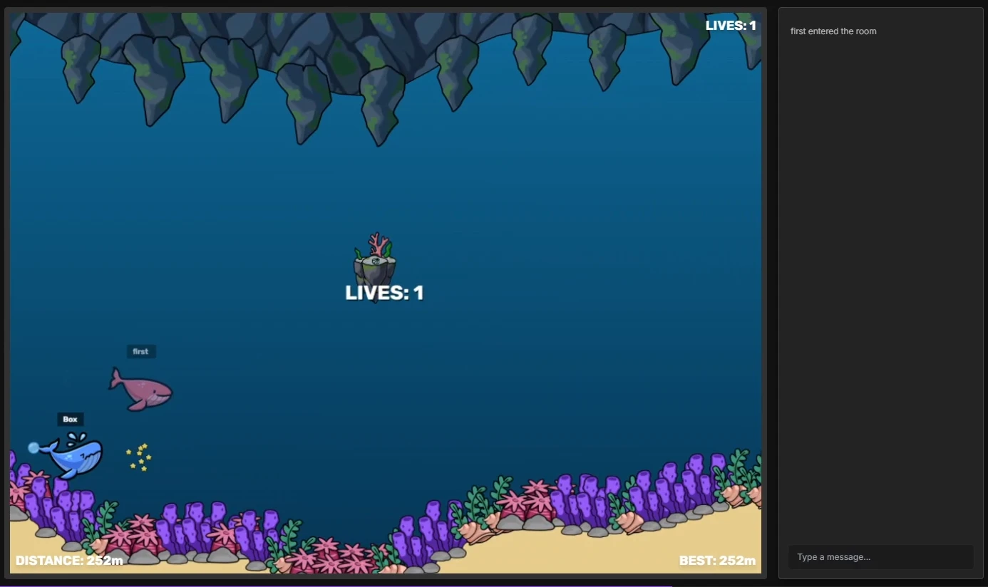 Swimmers dodging a rock in Sploosh with one life left