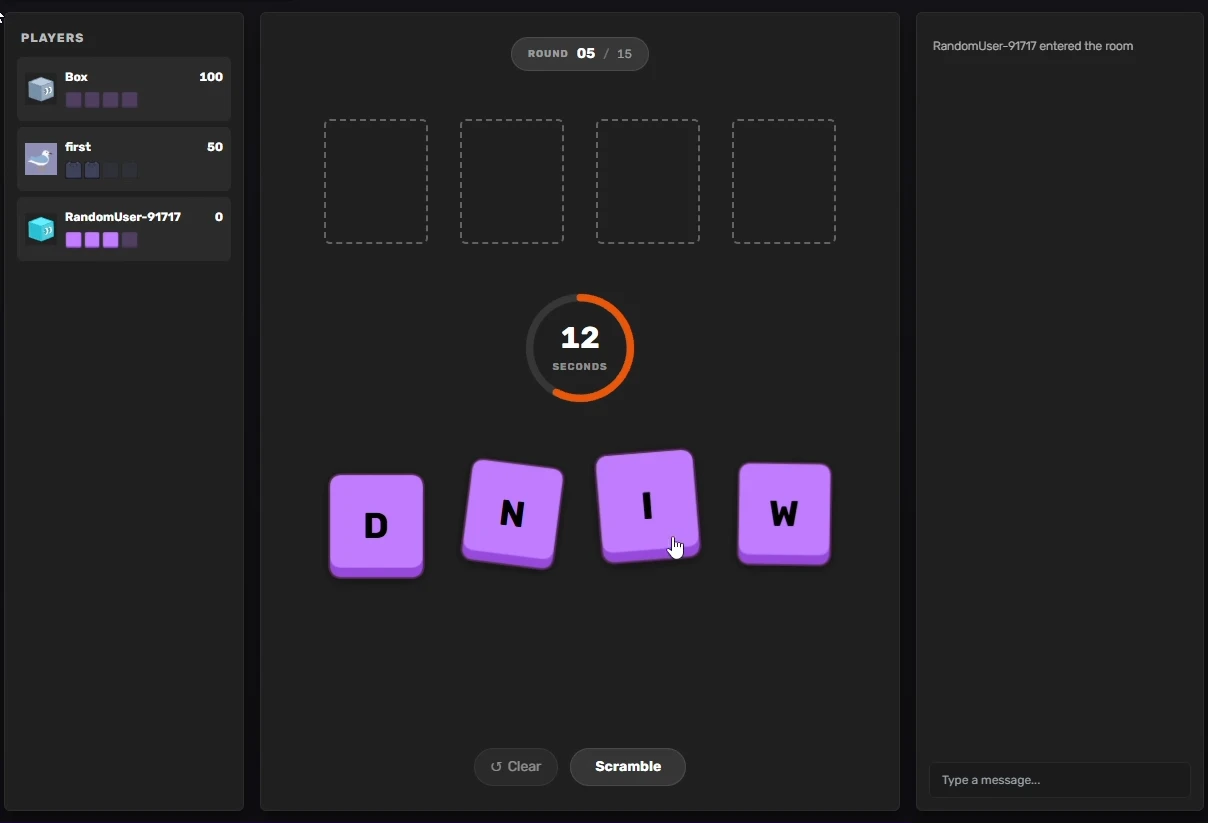 A Word Rush round: scrambled letter tiles and the timer counting down